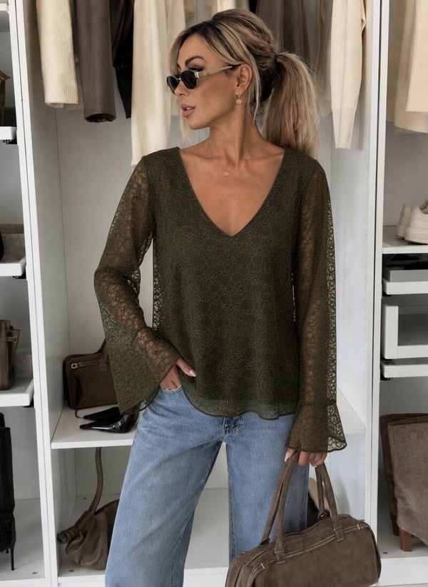 Blouse col V dentelle avec doublure viscose - Kaki
