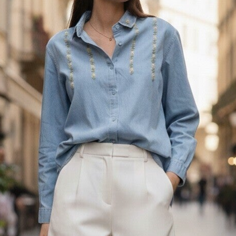 Chemise denim avec broderies fleurs / Denimhemd met bloemenborduursels