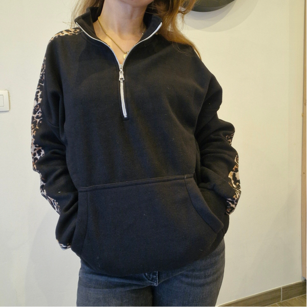 Polar noir à détails leopard - Col zippé / Zwarte fleece met luipaarddetails – Kraag met rits