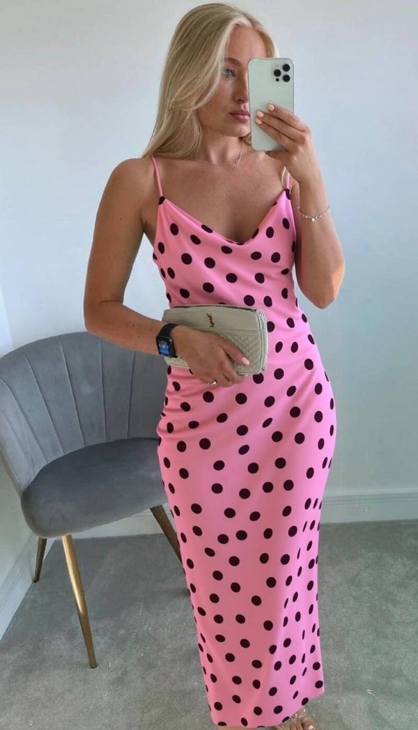 Robe Satinée Imprimé Pois Avec Fente