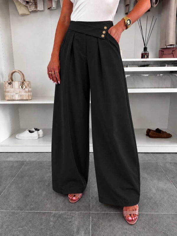 Pantalon large à ceinture asymétrique taille élastique avec poches