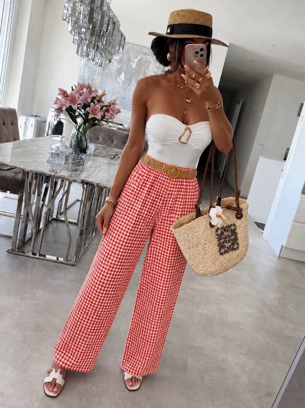 Pantalon vichy avec ceinture raphia taille élastique