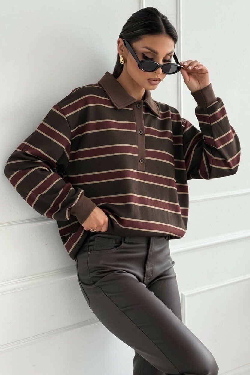 Polo casual à rayures molletoné à l'intérieur - Brun