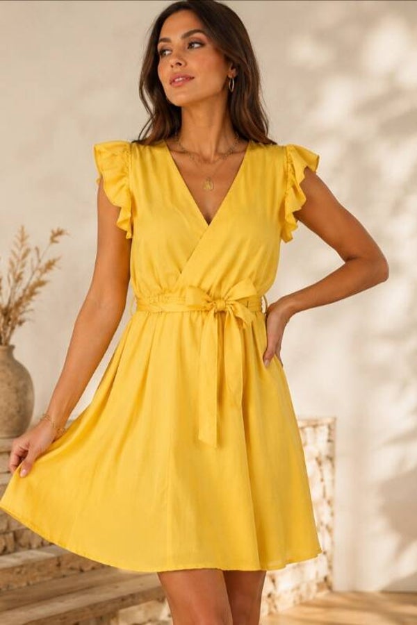 Robe courte à volant - Jaune clair / Korte jurk met volant in lichtgeel