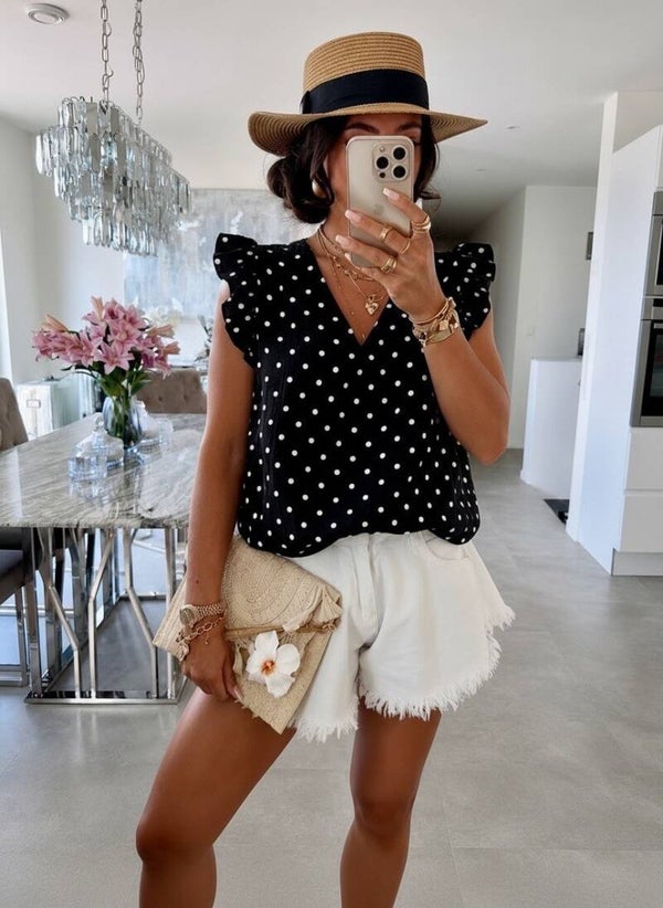 Top gaze de coton imprimé pois