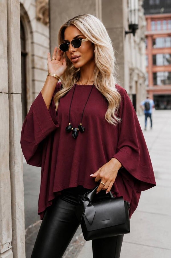 Top oversize fluide avec collier – Manches chauve-souris - Bordeau