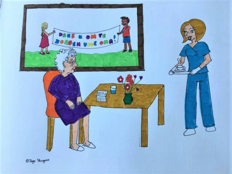 tekening van oma met verpleegkundige
