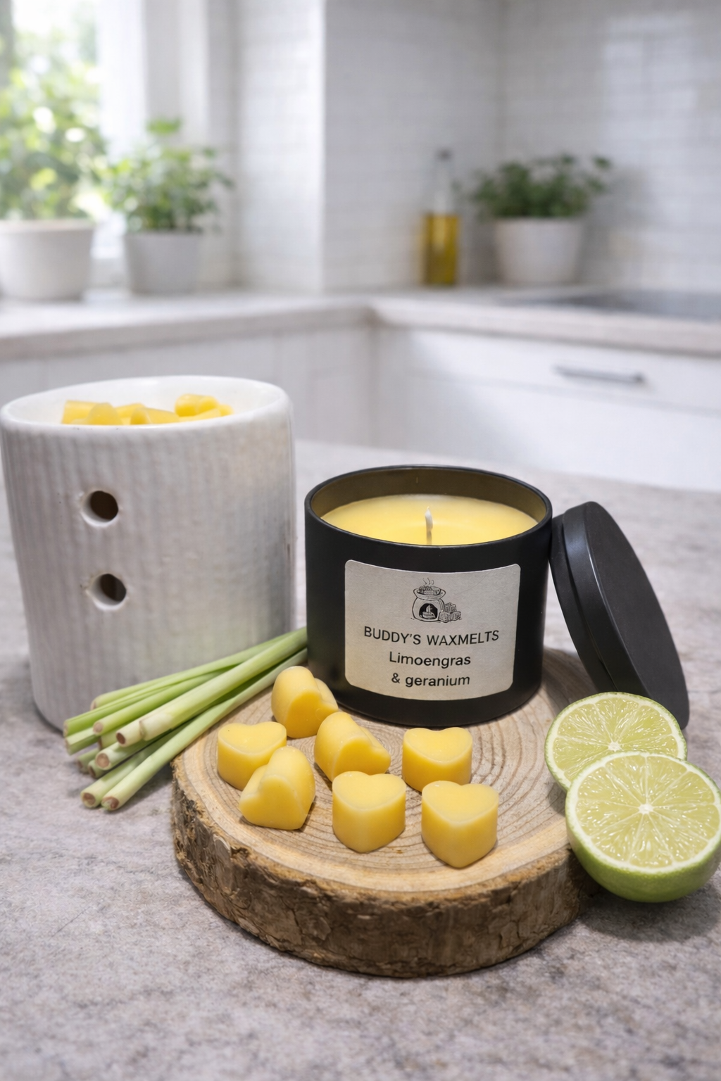 Cadeauset Limoengras & geranium met 30 mini waxmelts hartjes (zwart)