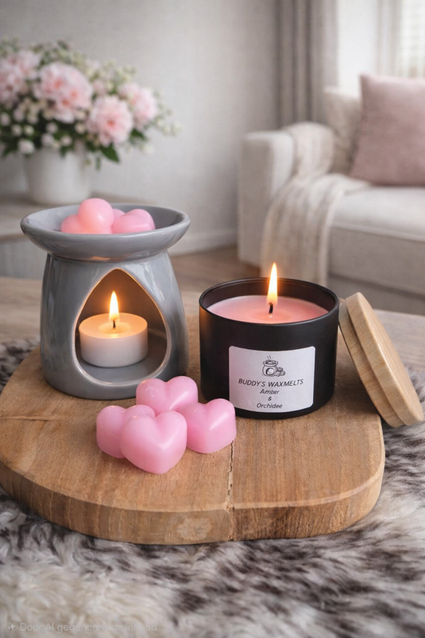 Cadeauset Amber & Orchidee met 8 waxmelts hartjes