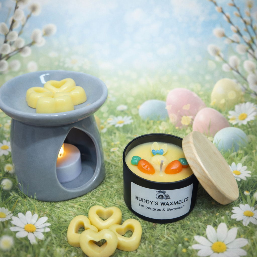Cadeauset brander, met waxmelts en geurkaars in blik (hout)