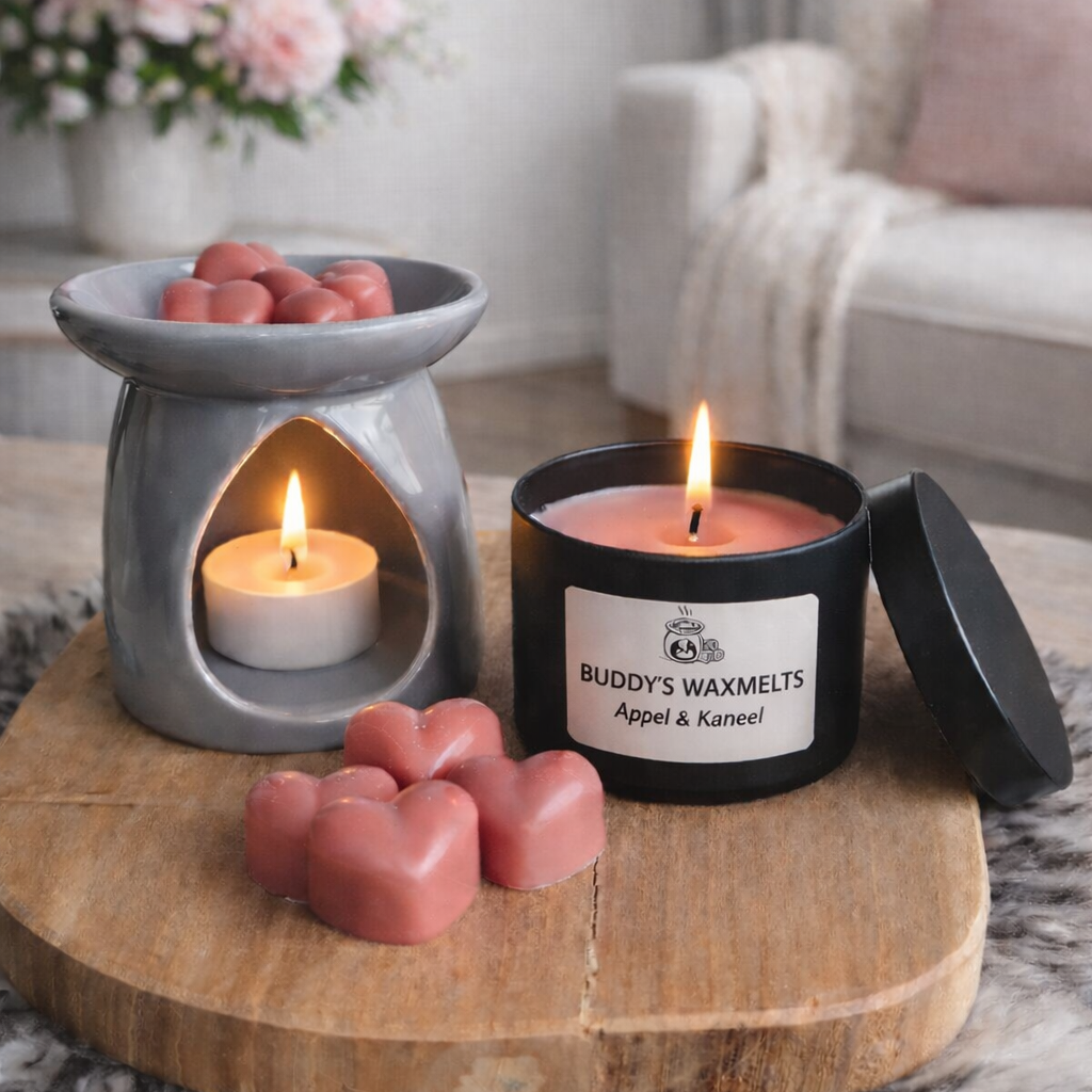 Cadeauset Appel & Kaneel met 6 grote waxmelts harten (zwart)