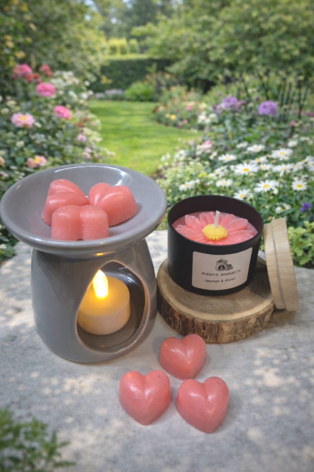 Cadeauset Jasmijn & Rozen met 8 grote waxmelts harten (hout)