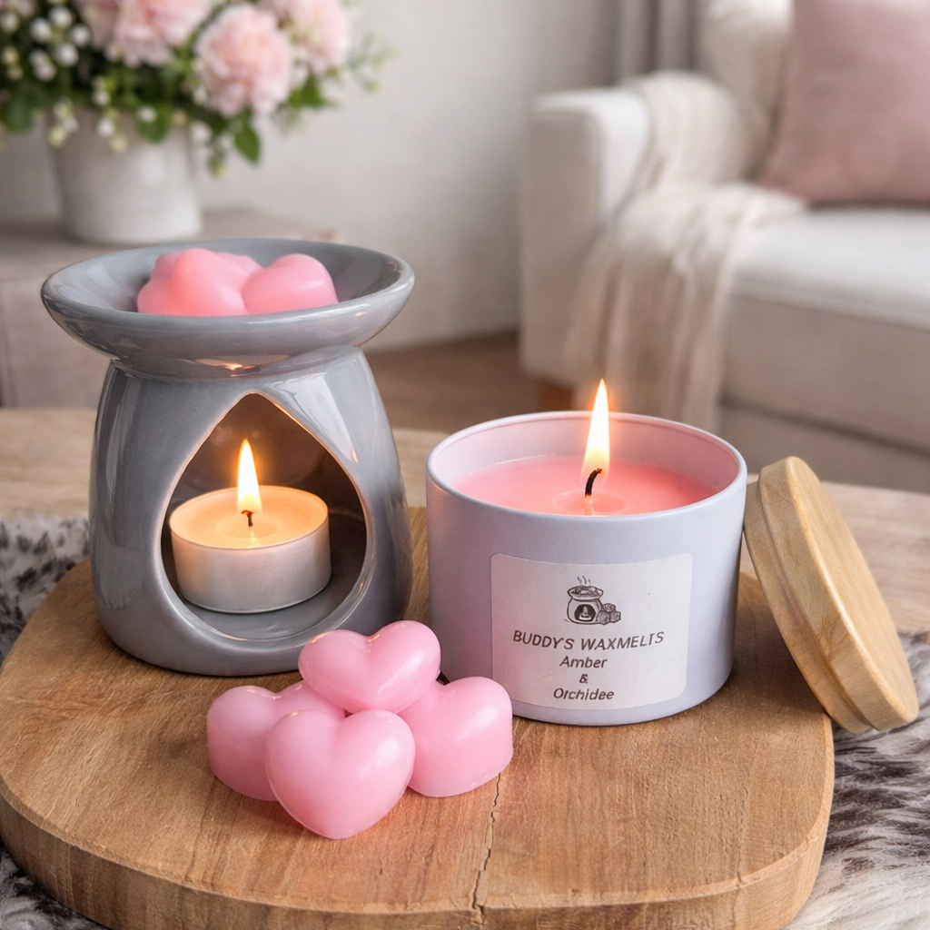 Cadeauset Amber & Orchidee met 6 grote waxmelts harten (wit)