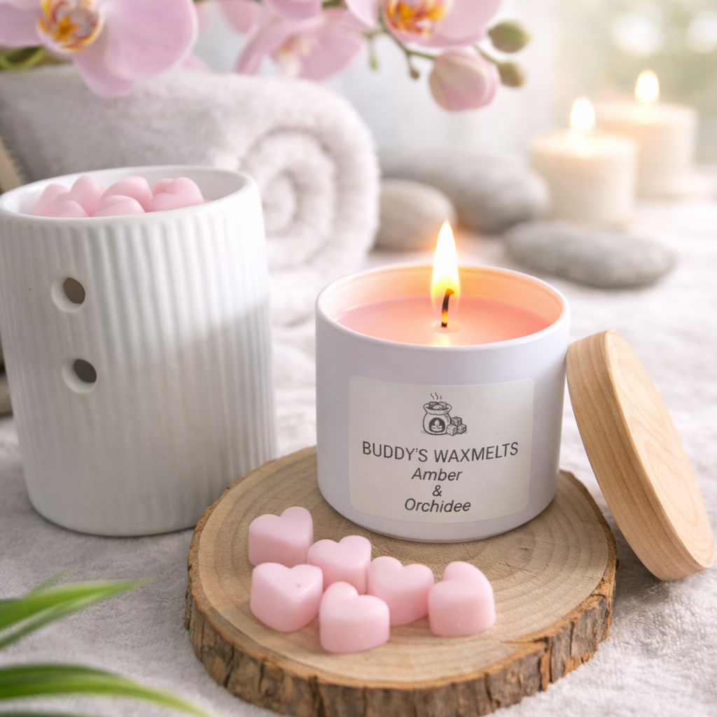Cadeauset Amber & Orchidee met 30 mini waxmelts hartjes (wit)