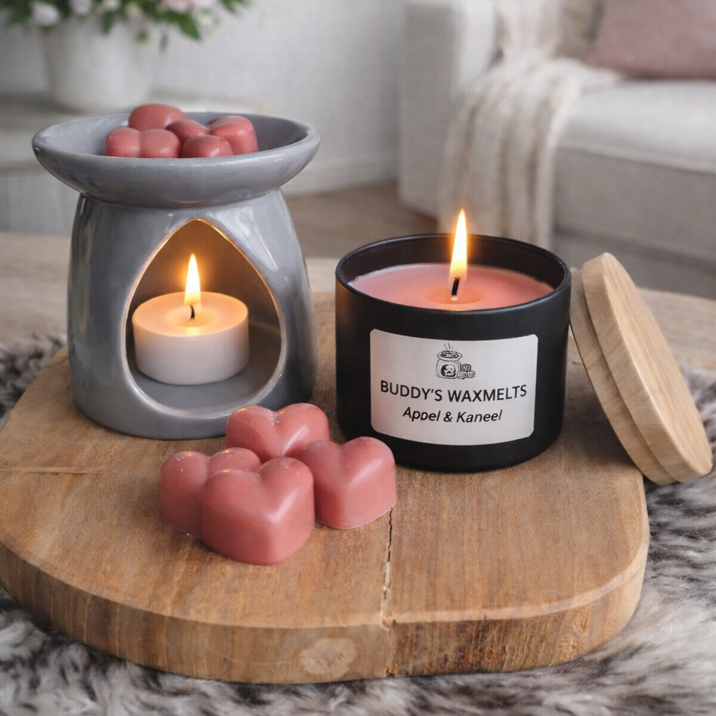 Cadeauset Appel & kaneel met 6 grote waxmelts harten (hout)