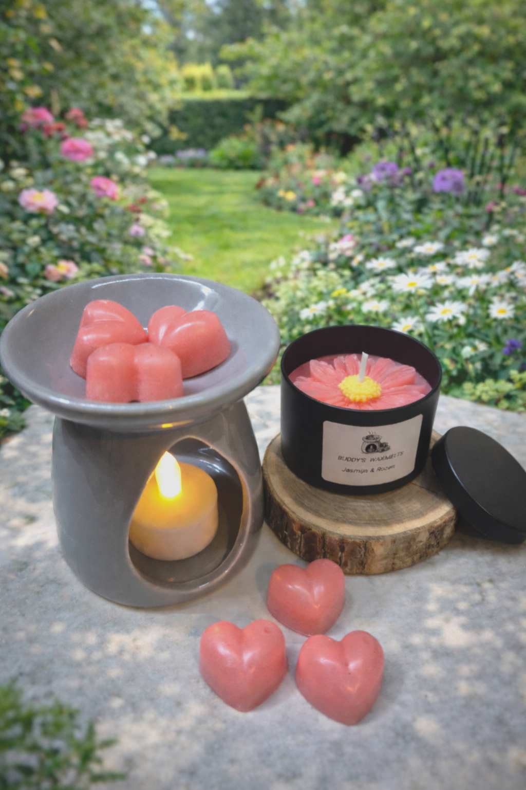 Cadeauset Jasmijn & Rozen met 8 grote waxmelts harten (zwart)