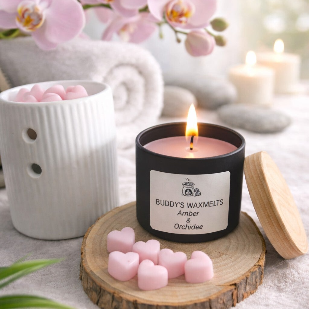 Cadeauset Amber & Orchidee met 30 mini waxmelts hartjes (hout)