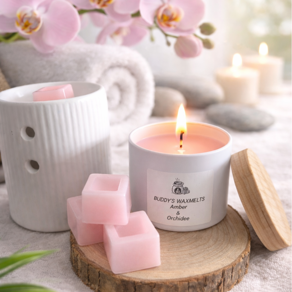 Cadeauset luxe Amber - Orchidee met 4 waxmelts blokken (wit)