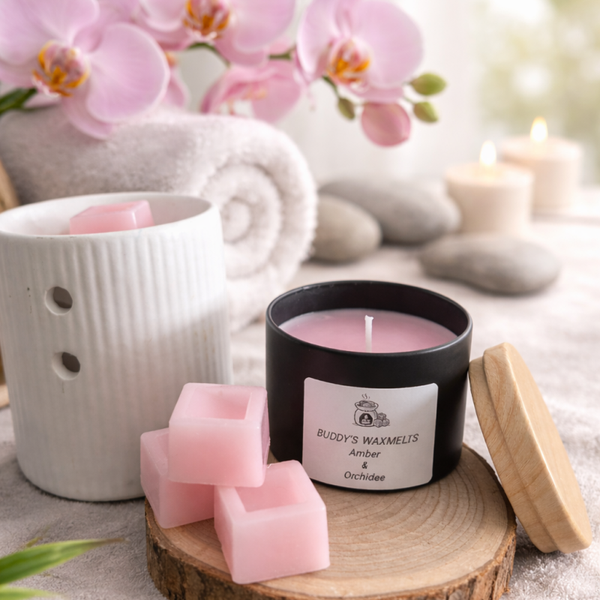 Cadeauset luxe Amber - Orchidee met 4 waxmelts blokken  (hout)