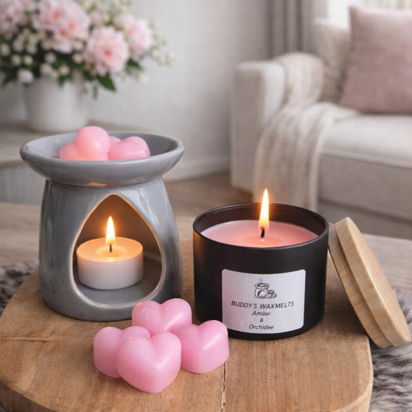 Cadeauset Amber & Orchidee met 6 grote waxmelts harten (hout)