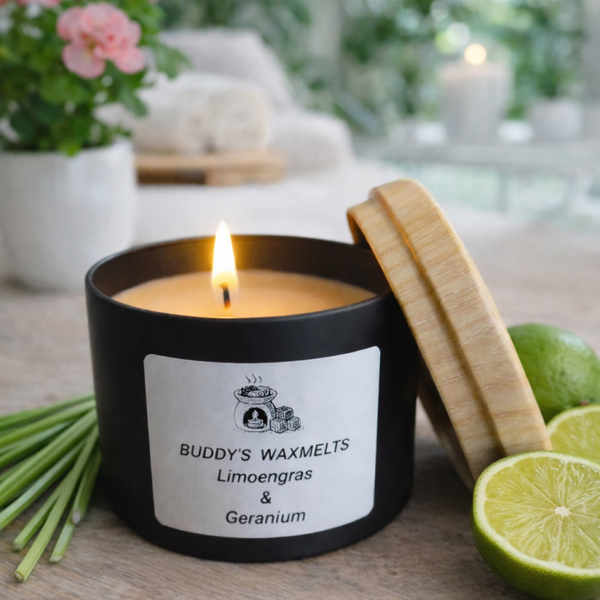 Geurkaars Limoengras & Geranium (hout)