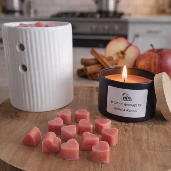 Cadeauset Appel & Kaneel met 30 mini waxmelts hartjes (hout)