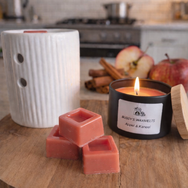 Cadeauset  Appel - Kaneel met 4 waxmelts blokken (hout)