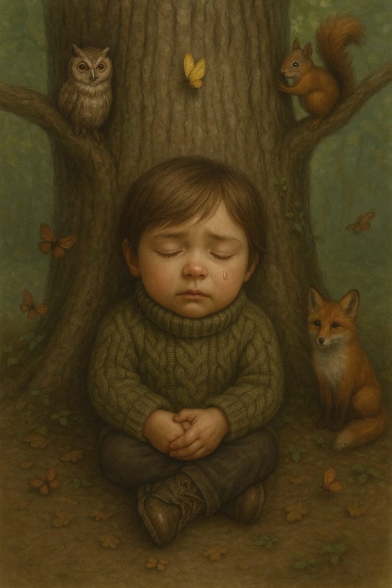 Foto ai gegenereerde illustratie eenzaam verdrietig kind in bos Missnienox poëzie