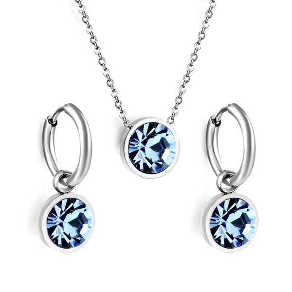 Ketting & oorbellen set zilver roestvrij staal met blauwe zirkoon steen