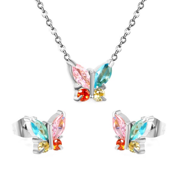 Ketting & oorbellen set vlinder zilver roestvrij staal zirkoon stenen