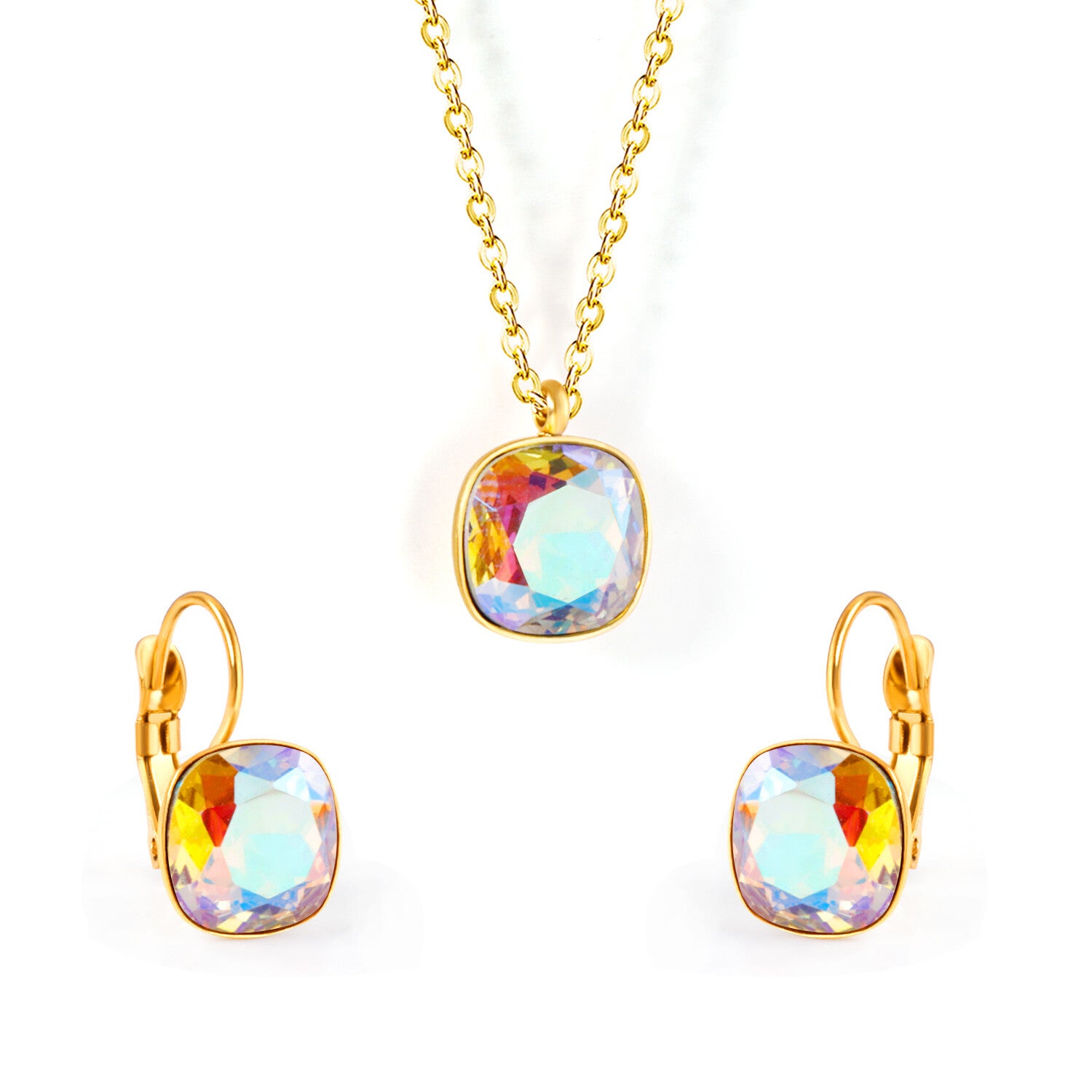 Regenboog Kristal Set – Ketting & Oorbellen – PVD 18K Goud & Roestvrij Staal