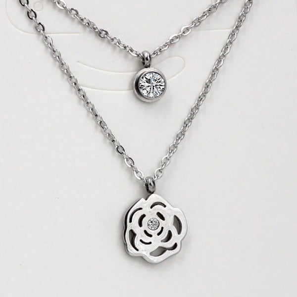 Ketting dubbel zilver met bloem en steentjes