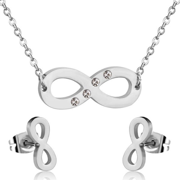 Zilveren sieraden set infinity ketting + oorbellen | Roestvrij staal | Zirkoon steentjes