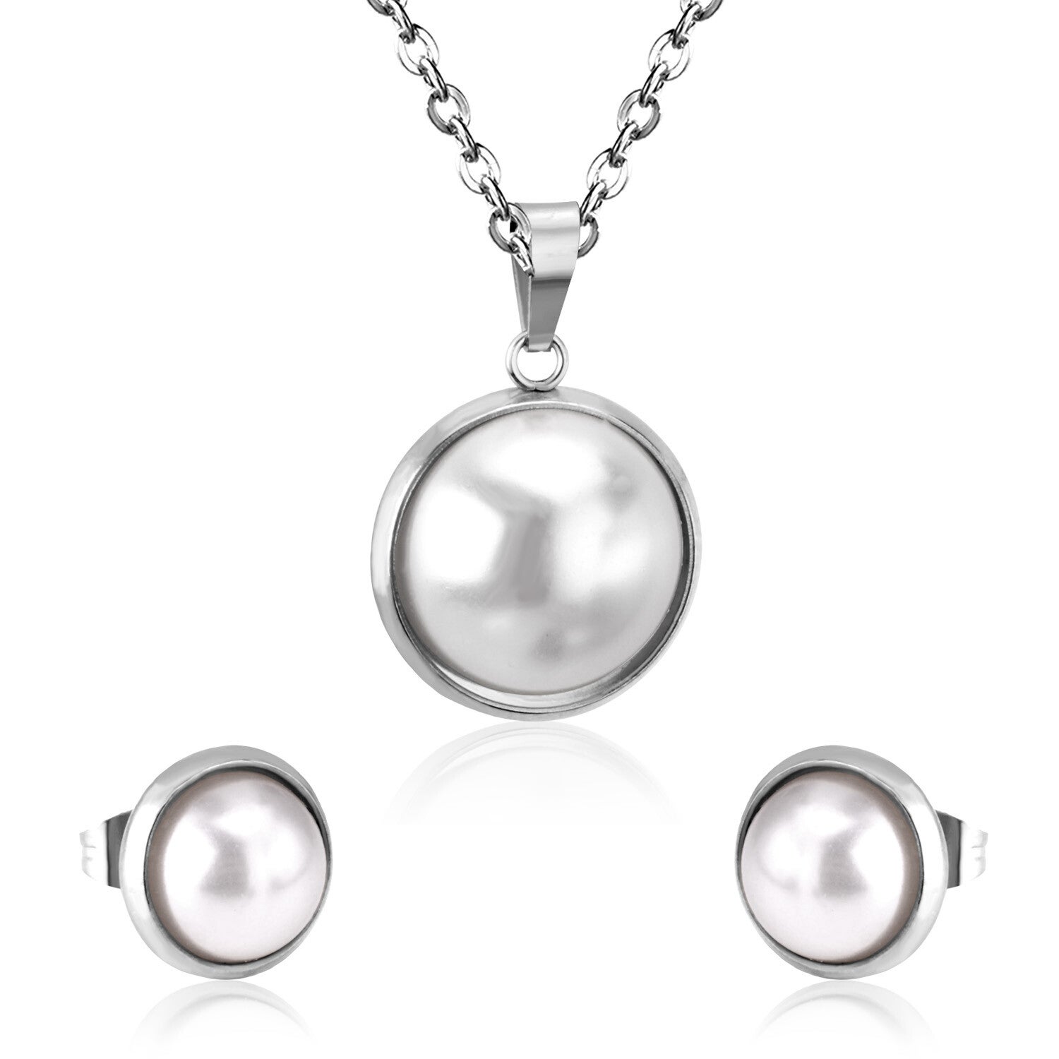 Zilveren sieraden set ronde parel ketting + oorbellen | Roestvrij staal | Parel look