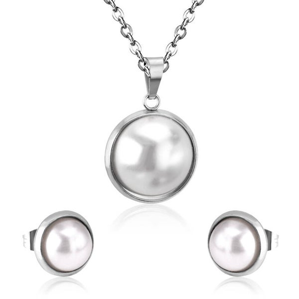 Zilveren sieraden set ronde parel ketting + oorbellen | Roestvrij staal | Parel look