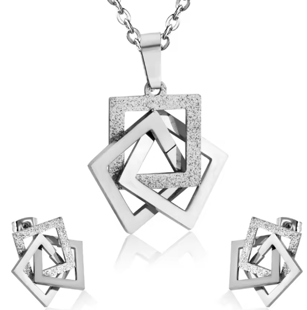 Zilveren sieraden set vierkante ketting + oorbellen | Roestvrij staal | Modern design