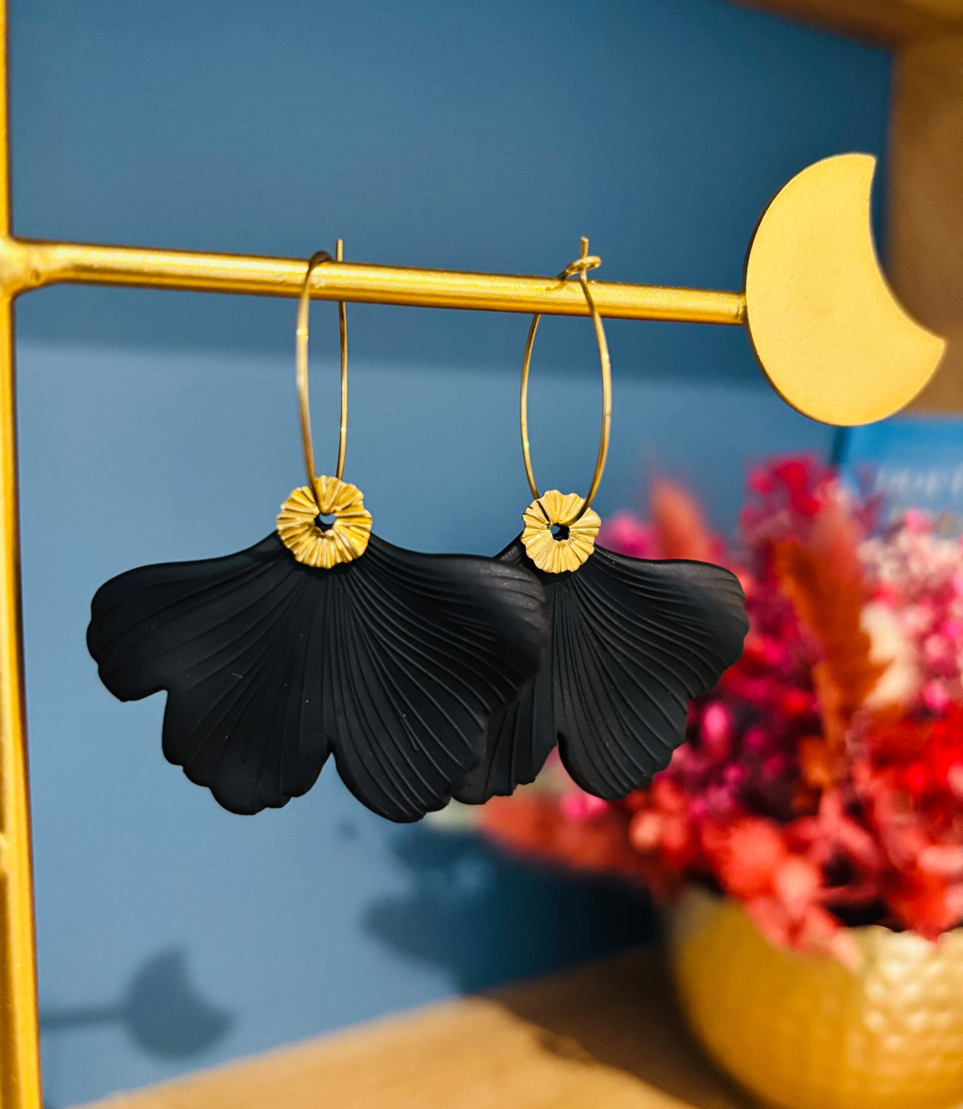 Créoles fleurs de ginkgo noires