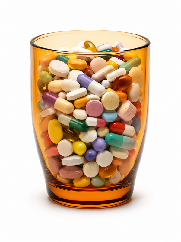 Medikamentenflut – Tabletten und Kapseln im Glas