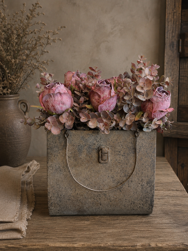 Metalen tas met bordeaux rozen & eucalyptus
