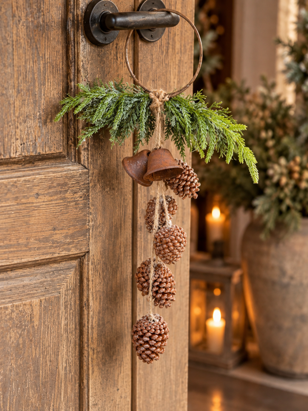 Kersthanger met groen, bellen & dennenappels