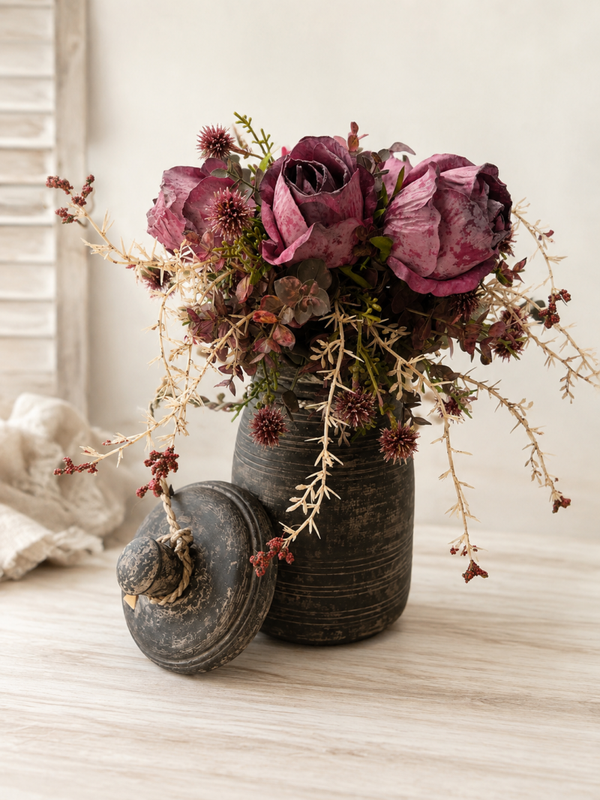 Houten Pot met Deksel & Sierboeket