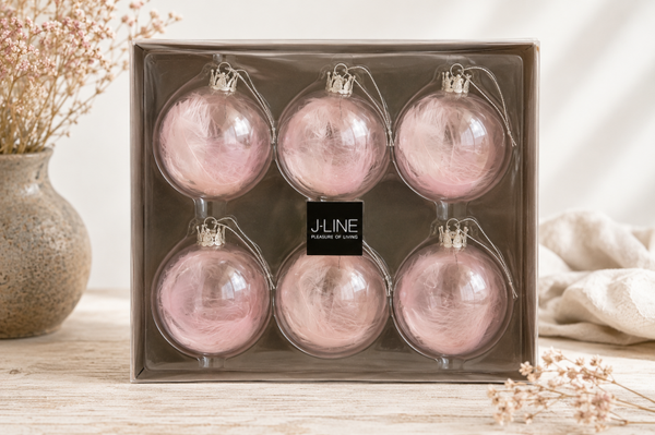 J-Line kerstballen met veertjes roze – set van 6