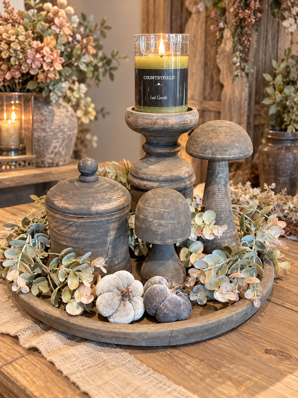 Complete houten decoratieset met velvet pompoenen en LED-kaars