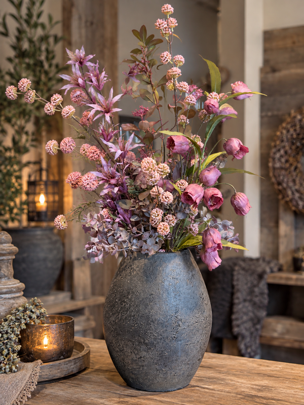 🌸 Smalle vaas met kunstbloemen – oudroze/lila