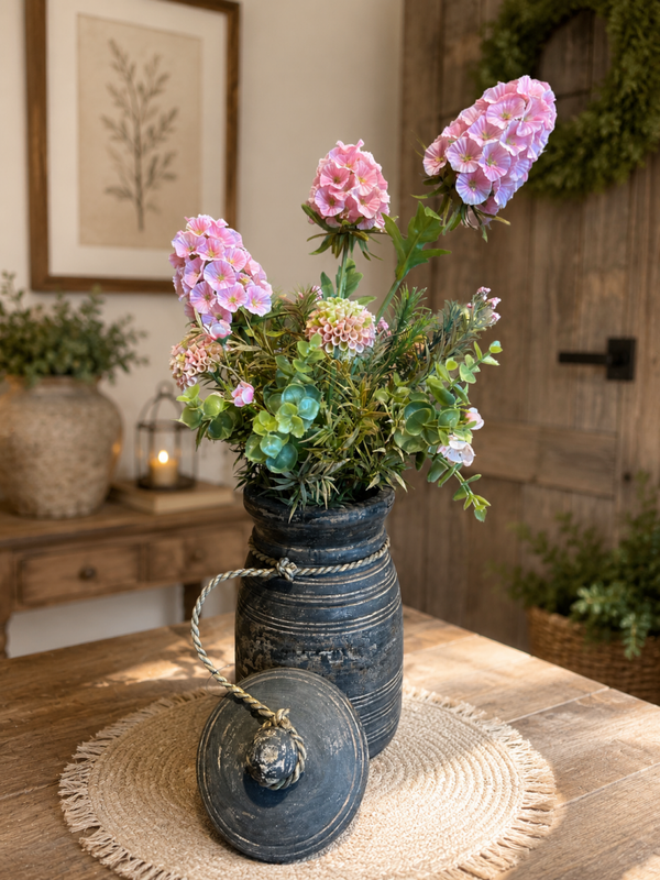 Houten pot met deksel inclusief zijden bloemenboeket