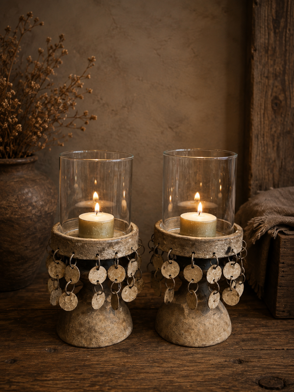 Kandelaar met glas en muntjes – roestlook
