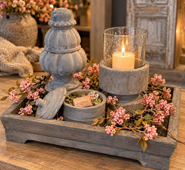 Complete landelijke decoratieset op houten tray
