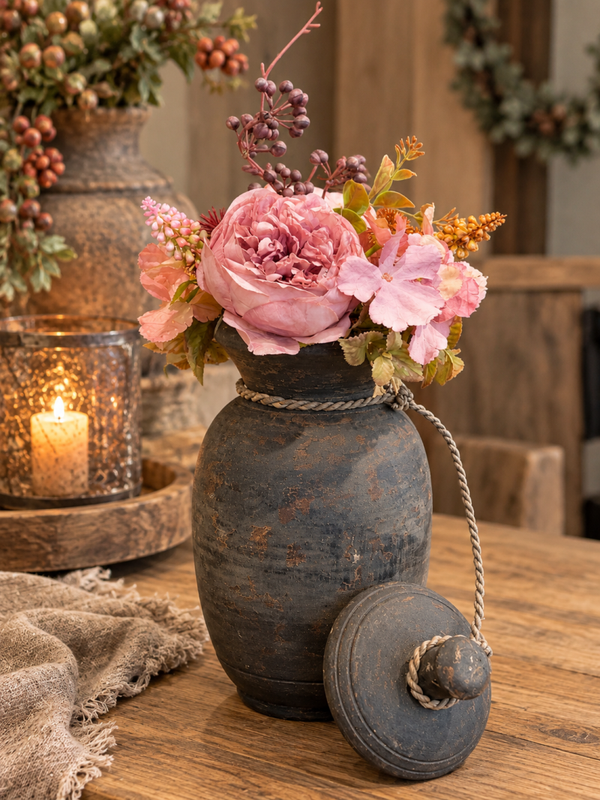 Landelijke houten pot met deksel & oudroze bloemenboeket