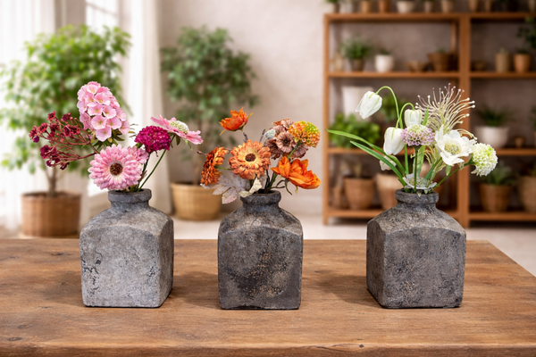 Stenen vaasje met boeketje.