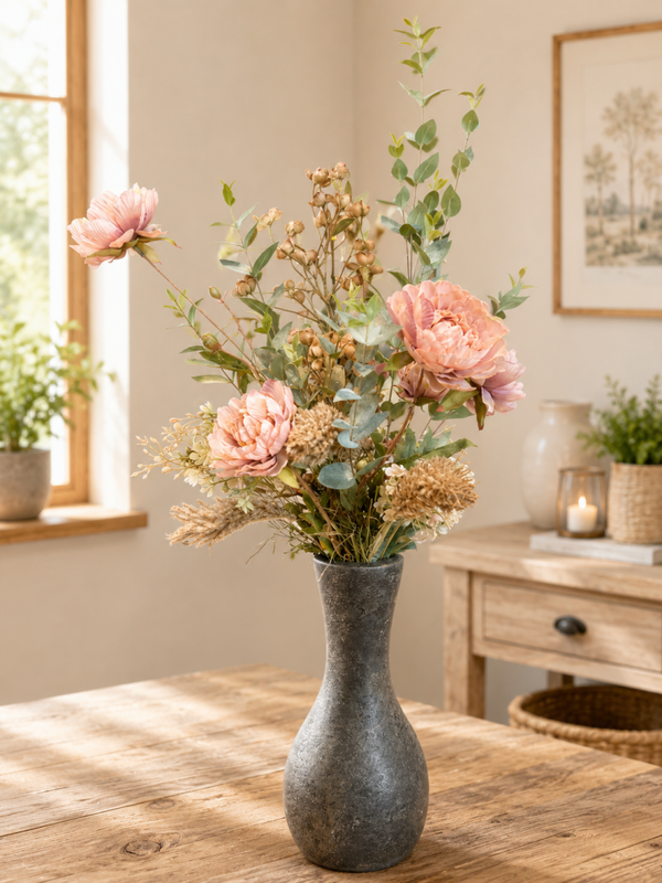 Aardewerk vaas met zijden bloemen